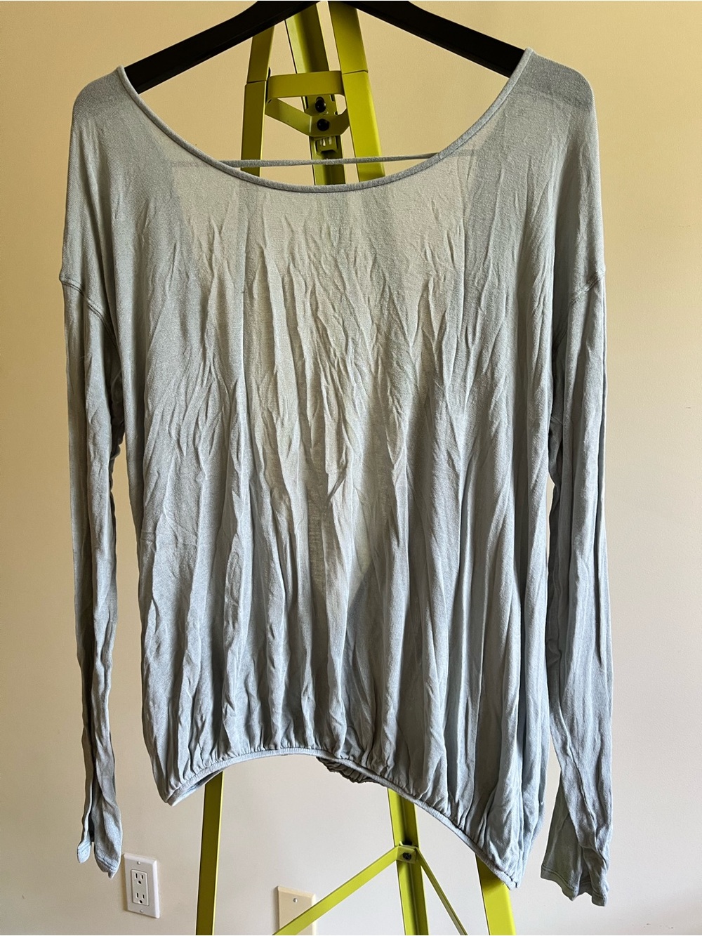 Free People light blue sheer mesh open draped wrap back top size L